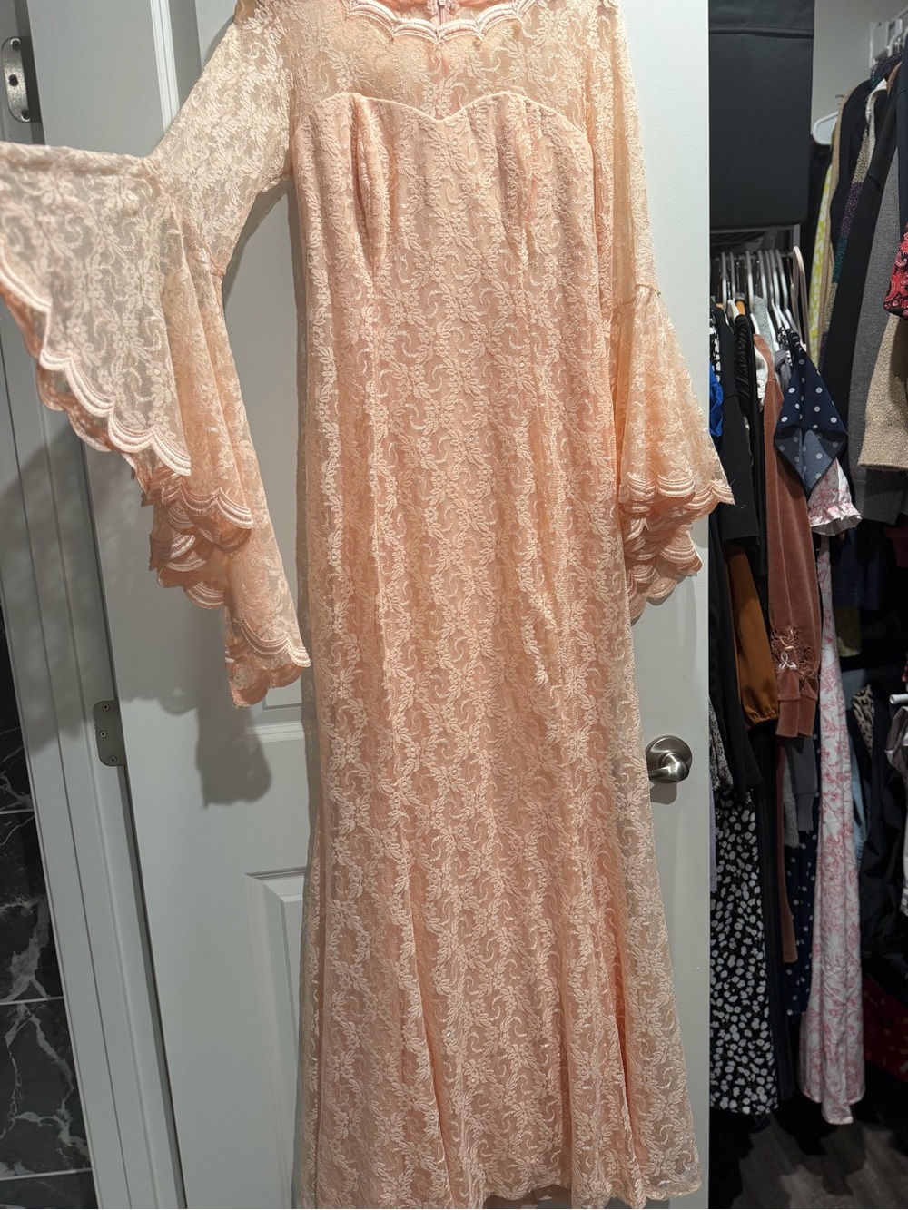 Boho Peach Lace Long Sleeve Maxi Dress